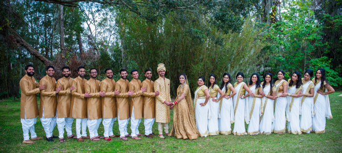 Indian Bride and Groom with Bridesmaids and Groomsmen Outdoor Photoshoot