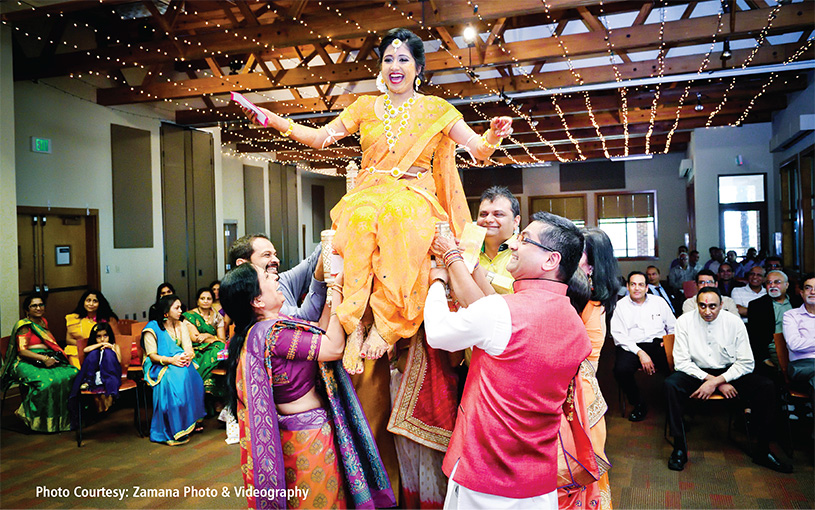 Indian Bride enjoying Pre Wedding Haldi Ceremony Ritual Photo Shoot