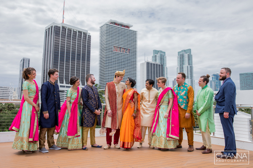 Indian Bride and Groom with bridesmaids and groomsmen capture