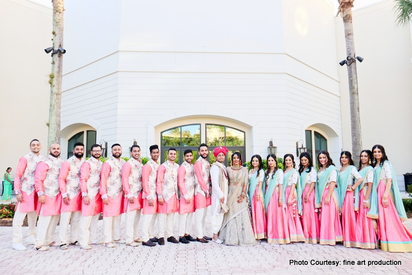 Indian Bride and Groom with Bridesmaids and Groomsmen