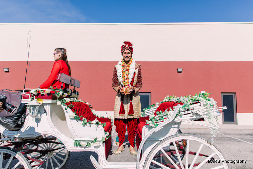 Indian Groom Arriving at the Baraat in Carriage by Blue Ribbon Carriages