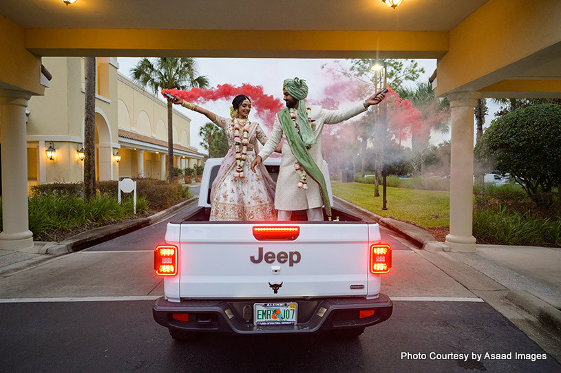 Grand entry of Wedding couple in Jeep