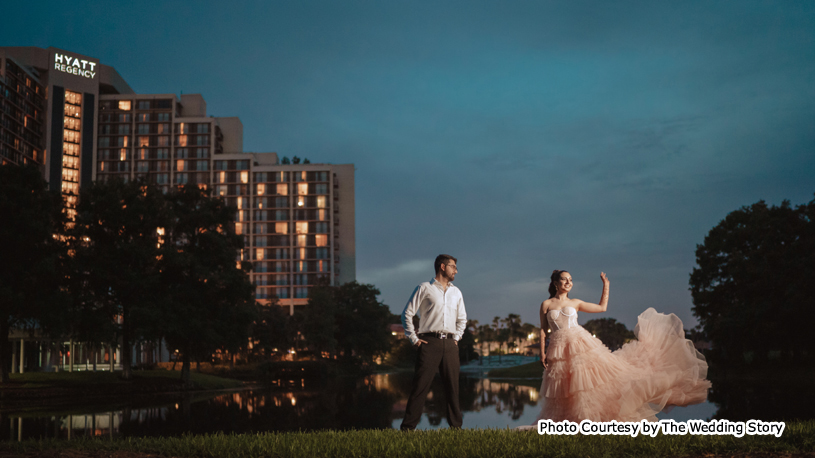 Indian wedding couple possing for outdoor photoshoot