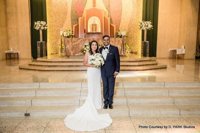 Happy wedding couple in church