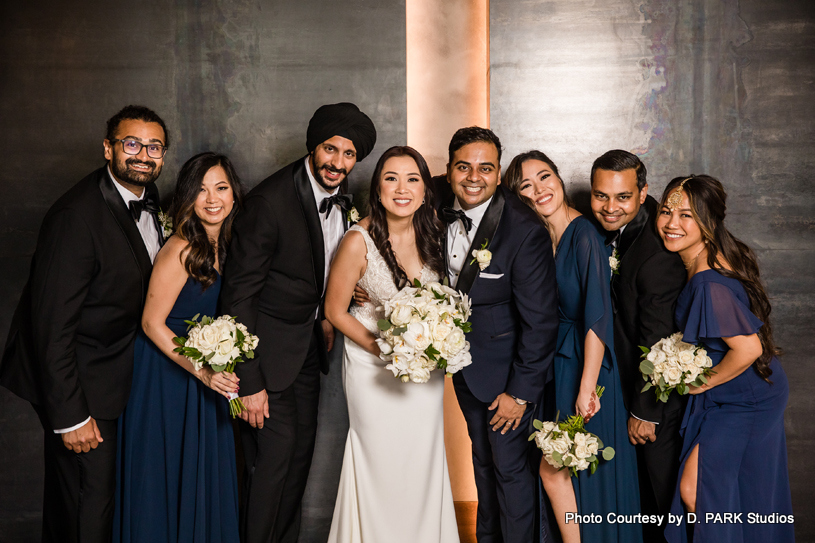 bride and groom with bridesmaid and groomsmen