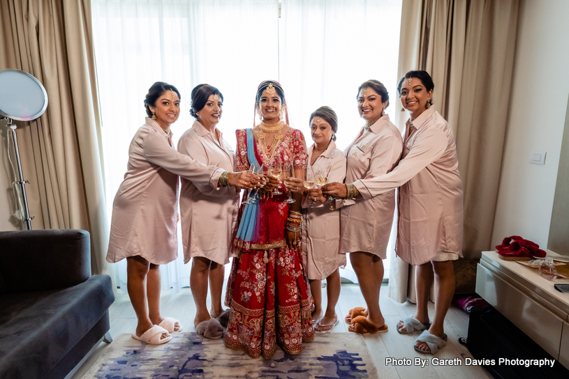 Indian wedding bride Celebrating wedding day with Bridesmaid