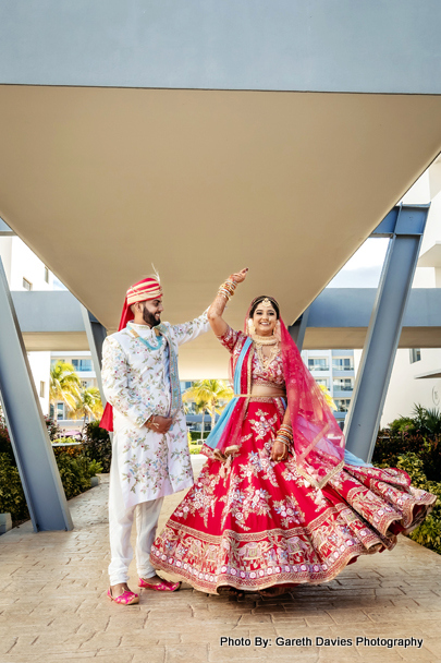 Red and Blue Lehenga look royal to bride