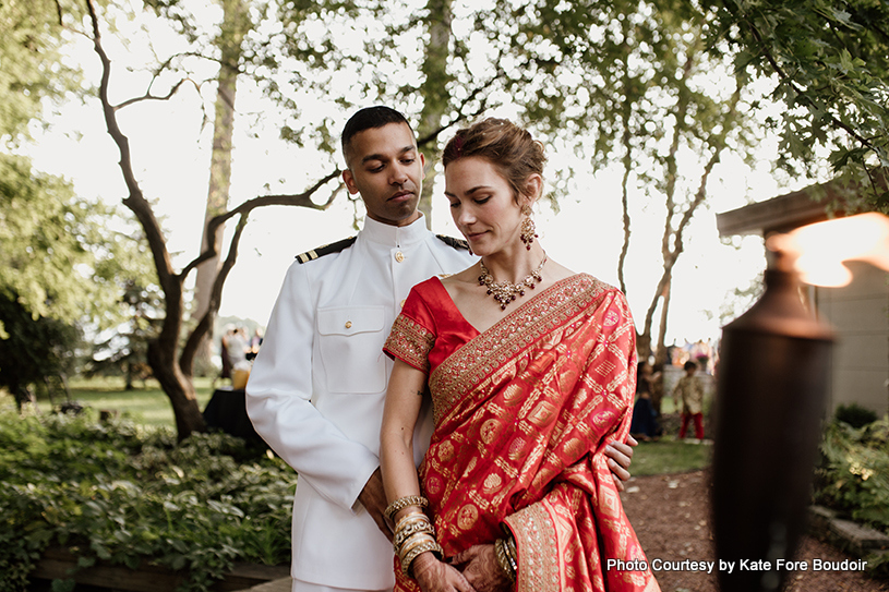 Indian wedding couple posing for outdoor photoshoot
