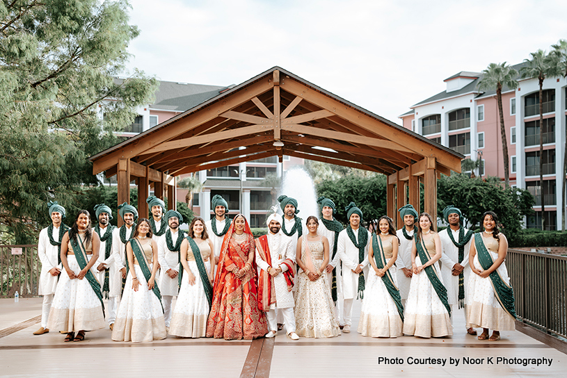 Indian bride and groom with bridesmaids and groomsmen
