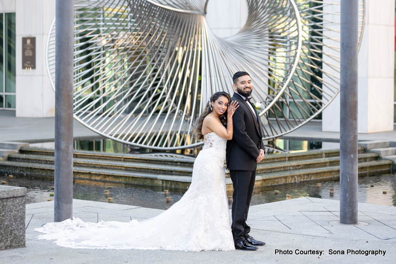 Indian wedding couple at beautiful outdoor location