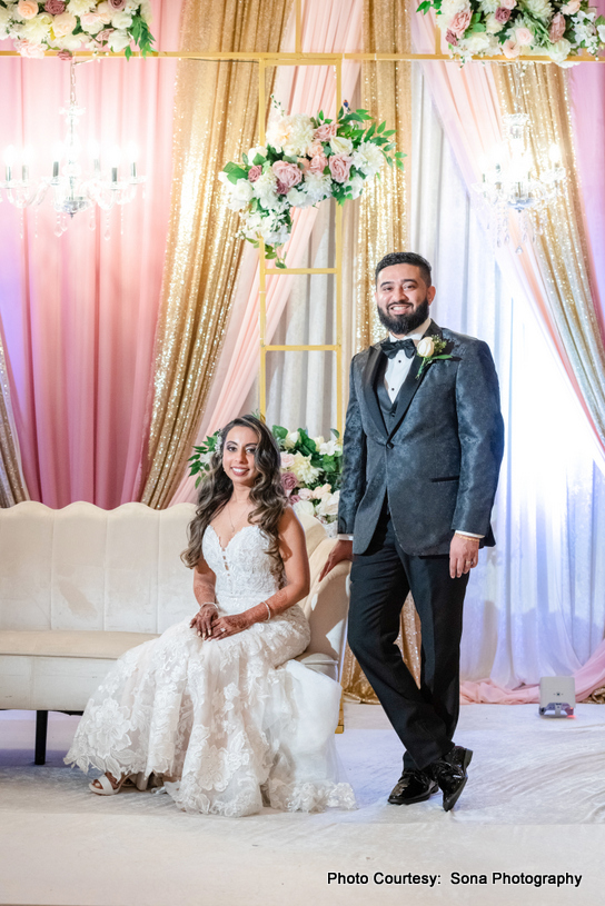 Indian wedding couple at decorated dinning hall Indian wedding couple at decorated dinning hall