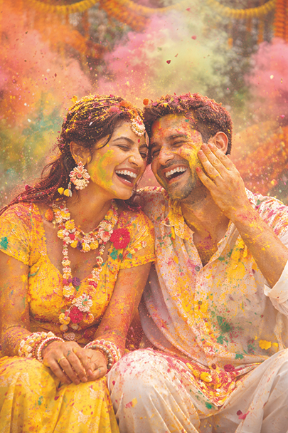 Family members applying turmeric paste to the bride and groom during the pithi ritual