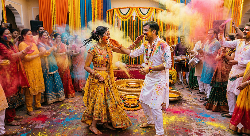 Bride smiling while family members apply haldi during the pre-wedding pithi ceremony