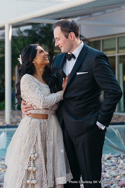 Bride Sujata and groom Mark sharing a romantic moment during wedding portrait session