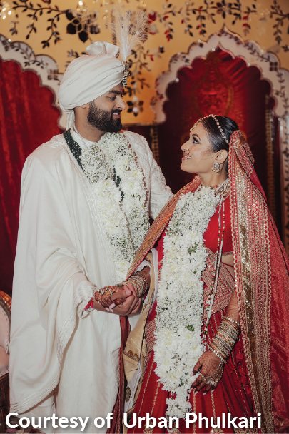Shrusti and Rishi exchanging vows during their elegant wedding celebration